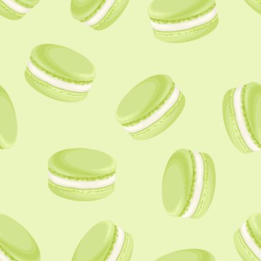 Yeşil arka planda Fransız kurabiyeleri. Tatlı yemek kusursuz desen. Vektör çizgi film illüstrasyonu.