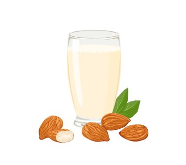 Beyaz arka planda izole edilmiş bardaktaki badem sütü. Vektör çizgi film düz illüstrasyon.
