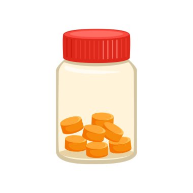 Şeffaf şişede turuncu haplar. Ek malzemeli taşıyıcının vektör çizgi filmi düz çizimi. 