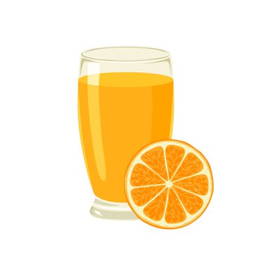 Bardakta portakal suyu ve beyaz arka planda izole edilmiş turunçgil meyvesi. Vektör karikatür düz çizim. Sağlıklı içecek simgesi