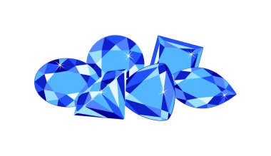 Beyaz arka planda izole edilmiş koyu mavi değerli taşlar yığını. Mavi Sapphire kristallerinin vektör çizgi filmi düz çizimi.