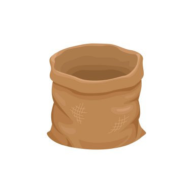 Kahverengi çuval beyaz arka planda izole edilmiş. Boş çuval bezi. Vektör çizgi film düz illüstrasyon.