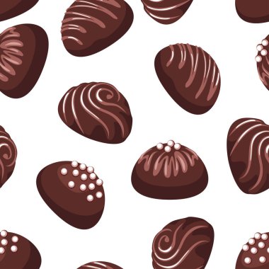 Beyaz arka planda izole edilmiş çikolata şekerli kusursuz desenler. Şekerlerin vektör çizgi filmi düz çizimi.