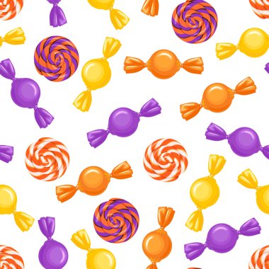 Tatlı arka plan. Sarı, turuncu ve mor şekerli kusursuz desenler. Vektör çizgi film düz illüstrasyon.