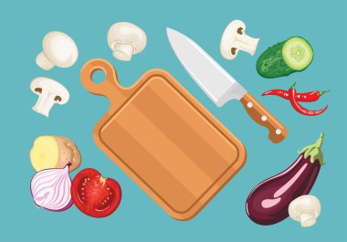 Yemek pişirme kavramı. Taze sebzeler, döşeme tahtası ve mutfak bıçağı. Vektör çizgi film düz illüstrasyon.