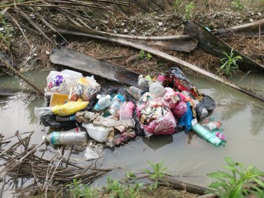 Perak, Malezya. 31 Ekim 2022: Kg Koh Tarım Çiftliği 'nin izole edilmiş gideri boyunca iç atıkların sorumsuz bir şekilde atıldığı olay yeri.