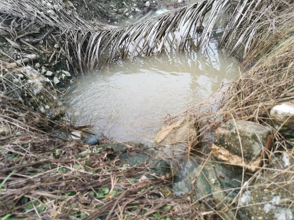 Σκηνή Του Νερού Της Βροχής Πλημμύρισε Αγρόκτημα Σκυροδέματος Κυλινδρική Αποχέτευση — Φωτογραφία Αρχείου