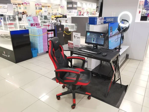 stock image Perak,Malaysia. November 10,2022: Exhibition of complete of furniture i.e. table and chair with computer gamer desktop computer set for demonstration and sale at the Aeon Shopping complex Sri Manjung.