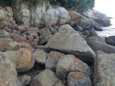 Deniz kenarında bir sürü büyük kaya bulundu.