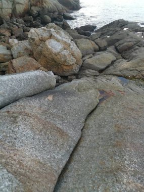 Deniz kenarında bir sürü büyük kaya bulundu.