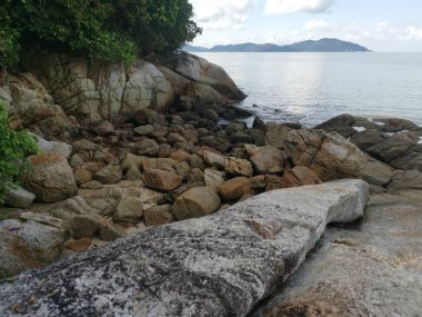 Deniz kenarında bir sürü büyük kaya bulundu.