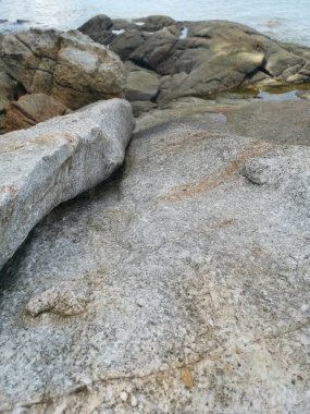 Deniz kenarında bir sürü büyük kaya bulundu.