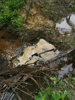 Çiftlik drenaj nehrinde beyaz kahverengimsi köpük hattı yüzeye çıkıyor..