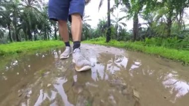 Islak, kumlu kırsal yolda tek başına yürüyen biri. 