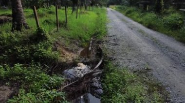 Çiftlik drenajı nehrinin yüzeyinde beyaz kahverengimsi köpük hattının hava görüntüleri..