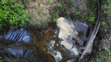 Çiftlik drenajı nehrinin yüzeyinde beyaz kahverengimsi köpük hattının hava görüntüleri..