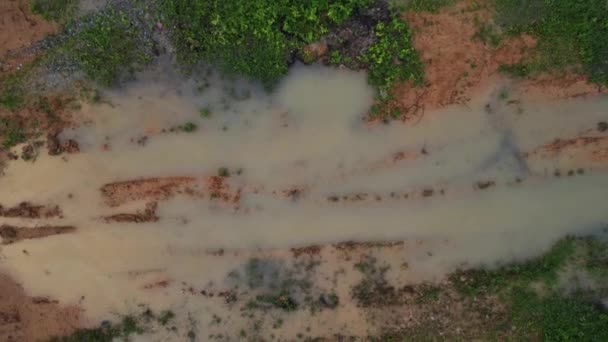 Воздушная Сцена Пустующей Земли Сельского Хозяйства Наполненной Лужей Человеком Слоняющимся — стоковое видео