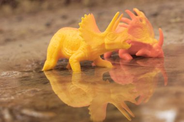 Gölde gezinen dinozor oyuncakları.