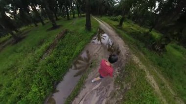 the adventurous man hiking into the oil palm plantation pathway