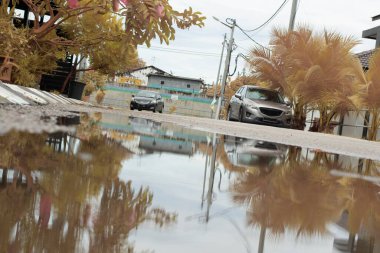 stagnant pool of water scene after rain at the suburb asphalt street 
