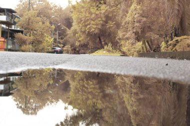stagnant pool of water scene after rain at the suburb asphalt street 