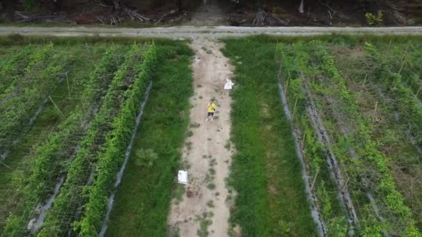 Mann Schießt Mit Drohne Auf Feldweg — Stockvideo
