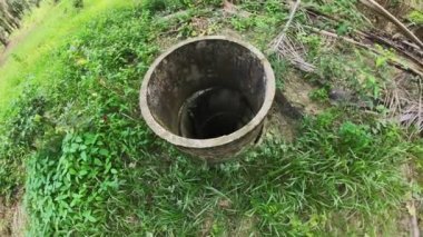 Terk edilmiş ve kullanılmamış beton kuyu, petrol palmiyesi tarlasında..