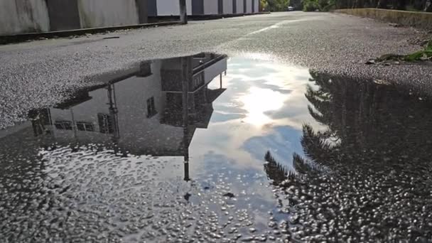 Στάσιμο Νερό Της Βροχής Στην Άσφαλτο Δρόμο Μετά Βροχή — Αρχείο Βίντεο