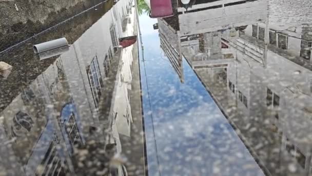 Agua Lluvia Estancada Reflectante Calle Asfaltada — Vídeo de stock