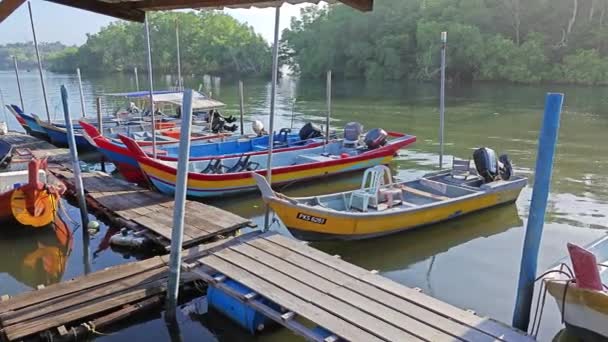 マレーシアのパーク 2023年7月13日 バガン ダトクのスンガイ ブルン Sungai Burung の湿地ビーチの村のドックに沿って停泊している混雑した漁船のシーン — ストック動画