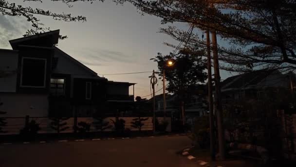 Pouliční Světlo Osvětlovalo Asfaltovou Cestu Úsvitu — Stock video