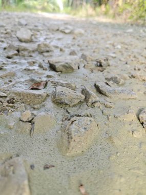 Yol boyunca taşlarla bırakılmış kurumuş su birikintisi. 