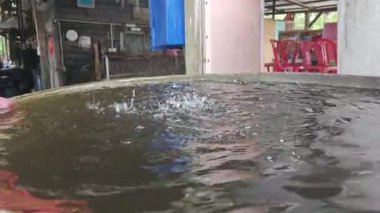 Alüminyum çatı boru oluğu yağmur suyunu kabın içine damlatıyor.