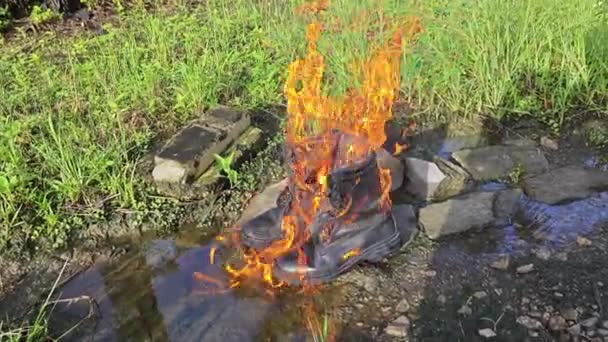 Old Thrown Away Leather Boot Flame Farm — Stock Video
