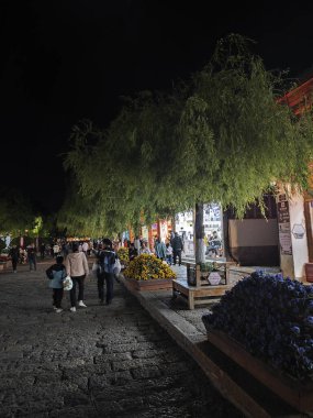 Yunnan, Çin. 20 Nisan 2024: LiJiang 'daki ünlü UNESCO antik kasaba mirası sahnesinin etrafında gece hayatı ve turist aktiviteleri.