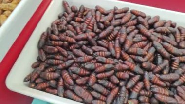 Yunnan, Çin. 21 Nisan 2024: Çin 'in Kunming Caddesi' ndeki bazı egzotik kızarmış böceklerin yiyecek satışı sahnesini kapatın.     