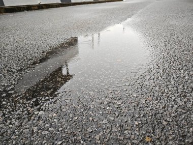 Sokakta dalgalanan yağmur sularının durgun yansıtıcı havuzu