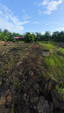 Gri silindirik beton bir kuyunun manzarası saban tarlasında yol kenarında bırakılmış..