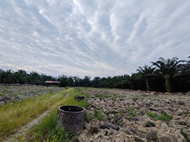 Mavi gökyüzünün arka planına sahip gri silindirik beton bir kuyu.. 