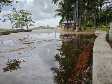 Yol kenarındaki durgun yağmur suyu havuzu.