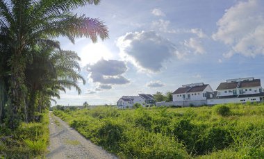 Konut evlerine giden kırsal yol manzarası. 