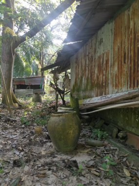 Çiftlikteki terk edilmiş ve harap olmuş eski bir Asya ahşap evi.. 
