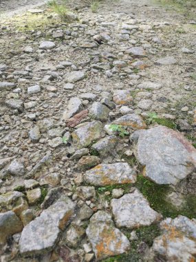 Kırsal çakıl yol dokusunun yüzeyine bakıyorum..