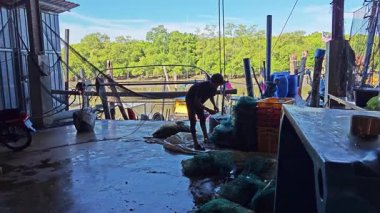 Perak, Malezya. 25 Şubat 2025: Balıkçı köyü halkının balıkçı limanı güvertesi çevresindeki faaliyetleri ve Pantai Remis balıkçı limanındaki sulak pazar.  