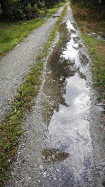 Kırsal toprak yolda durgun yağmur sularının yansıtıcı çukurları. 