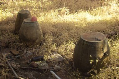 İzole edilmiş çiftlikteki terk edilmiş ve harap olmuş ahşap evin çevresindeki olay yerinin kızılötesi görüntüsü.