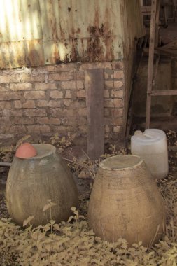 İzole edilmiş çiftlikteki terk edilmiş ve harap olmuş ahşap evin çevresindeki olay yerinin kızılötesi görüntüsü.