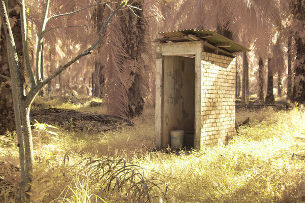 Инфракрасное изображение окрестностей заброшенного и ветхого деревянного дома на изолированной ферме