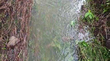 Şiddetli yağmurdan sonra yol boyunca akan su.. 