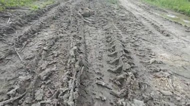 Kirli yolun yüzeyinde bilinmeyen araç tekerlek izleri var..